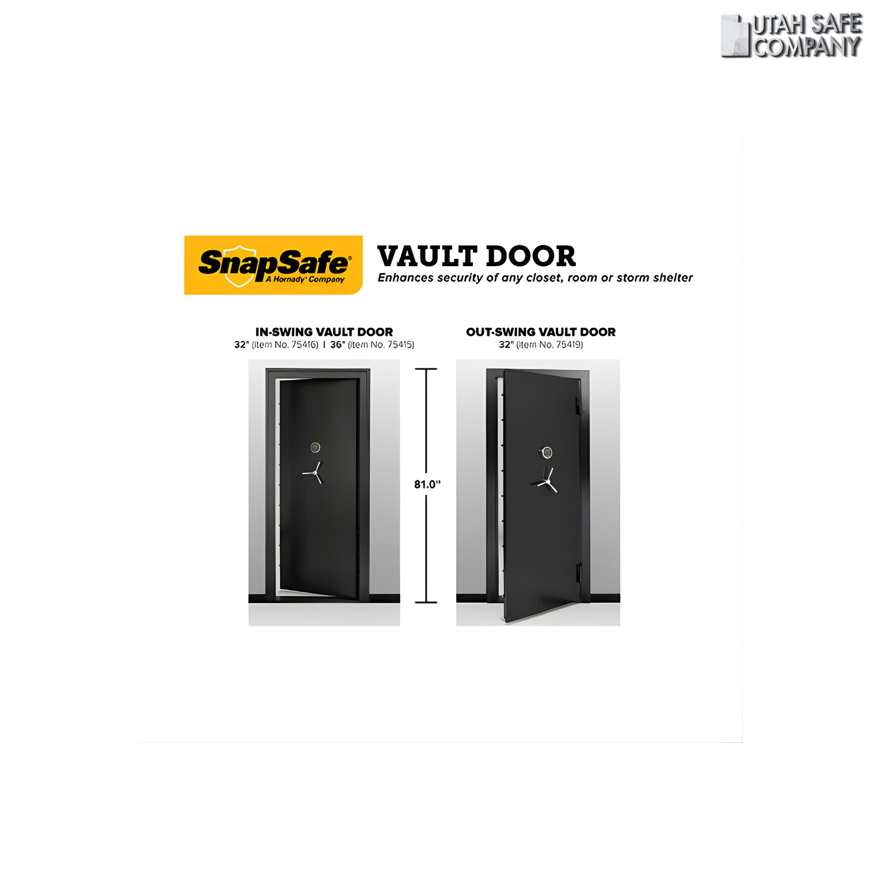 SnapSafe 32 Inch Outswing Vault Door, Black